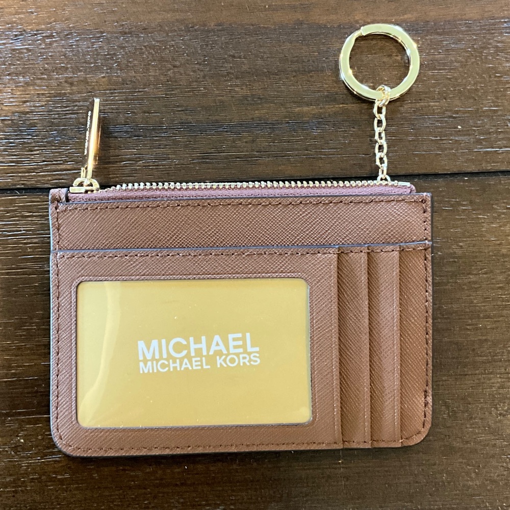 Michael Kors Jet Set Travel Tan Saffiano Leather Card Holder with Gold Key Ring